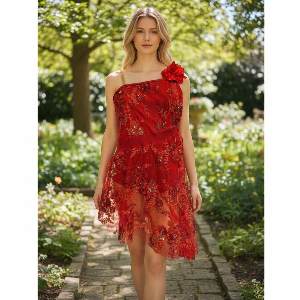 Curtain Call Costumes‎ Red Sequin Floral Embroidered Dance Leotard Dress ALA XS